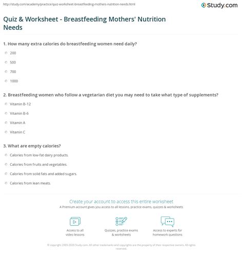 Quiz And Worksheet Breastfeeding Mothers Nutrition Needs