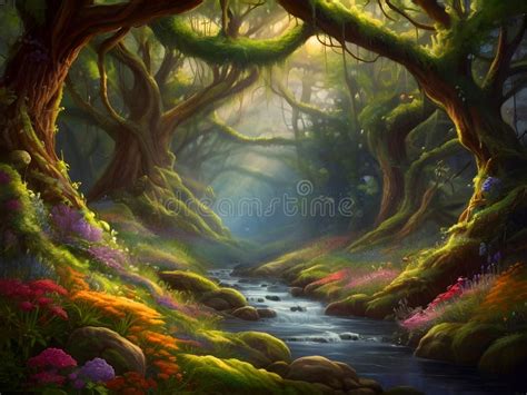 Forest and Stream Vintage Oil Painting Stock Illustration ...