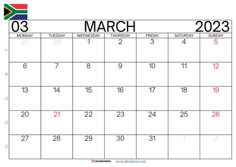 South Africa March Calendar Printable Free