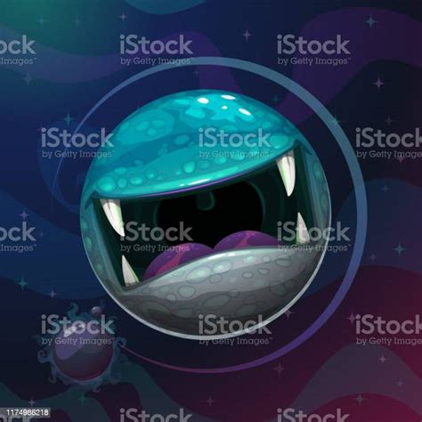 Cartoon Fantasy Monster Planet With Giant Scary Mouth On Cosmic