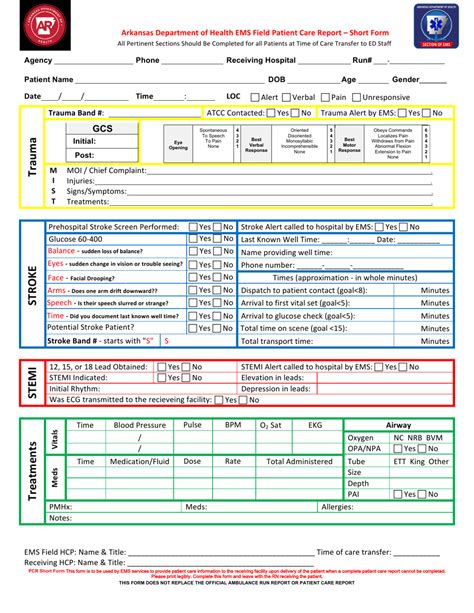 Arkansas EMS Field Patient Care Report Short Form Fill Out Sign