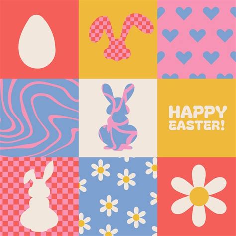 Premium Vector Square Poster Or Card For Happy Easter Groovy Egg Bunny Silhouettes In Retro