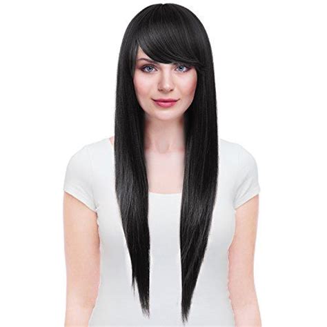 Tirrinia Silky Long Straight Synthetic Wig With Bangs Natural Jet Black Full Wig For Women Daily