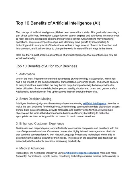 Ppt Top 10 Benefits Of Artificial Intelligence Ai Powerpoint