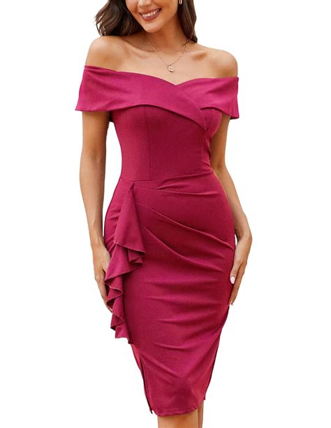 Jasambac Womens Off Shoulder V Neck Ruched Bodycon Midi Elegant