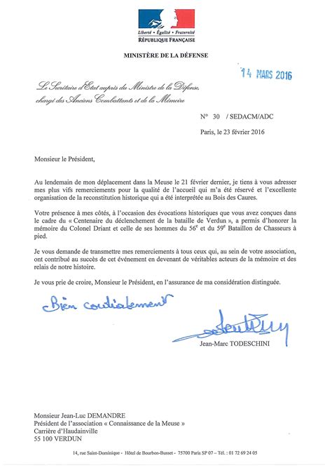 lettre de remerciements du Secrétaire d Etat auprès du Ministre de la