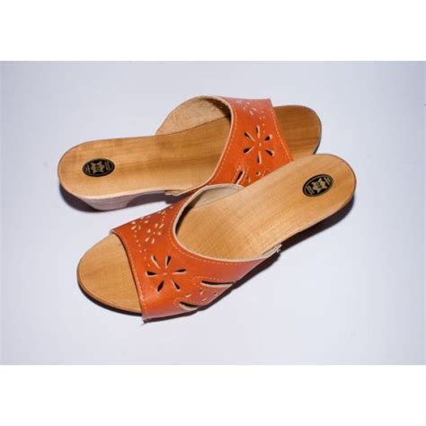 Womens Light Brown Leather With Wooden Sole Slippers