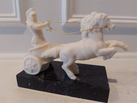 Antique Ivory Stone Roman Chariot Warrior And Horses Cart Sculpture