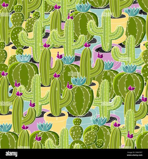 Seamless Pattern Of Different Cacti Cute Vector Background Of