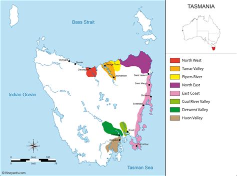 Tasmania Map of Vineyards Wine Regions