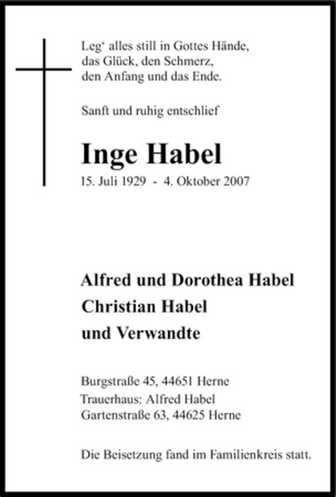 Trauer Und Todesanzeigen Von Inge Habel Trauer De