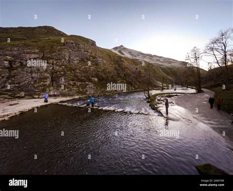 Aerial Views Of The Stunning Dovedale Stepping Stones And Mountains In