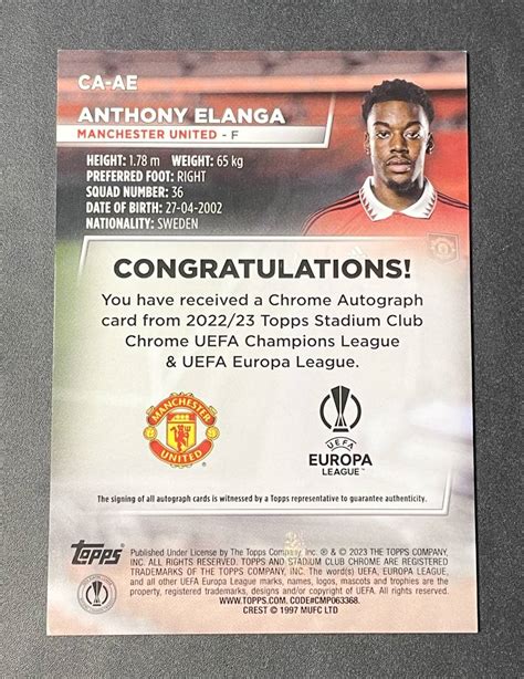 Anthony Elanga Topps Stadium Club Chrome Uefa Auto