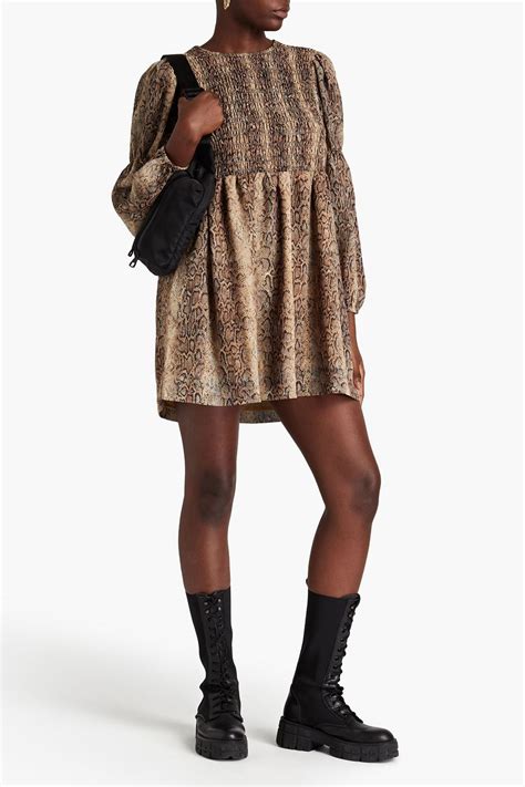 GANNI Shirred Snake Print Crepe Mini Dress THE OUTNET