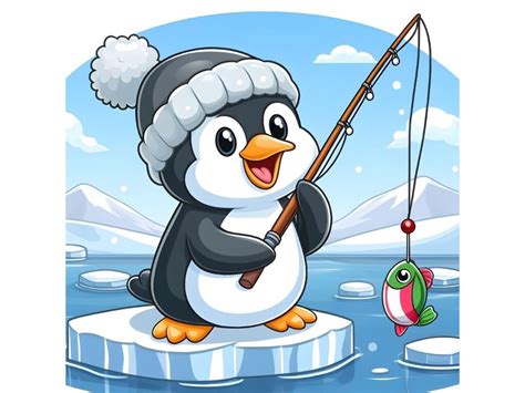 Cartoon Penguin Fishing On The Arctic Ice By Dianaxstoyanova