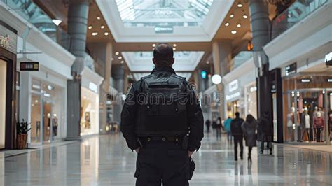 Uniformed Security Officer On Patrol In A Modern Shopping Mall