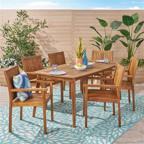 Noble House Karen Teak Brown 7 Piece Wood Outdoor Patio Dining Set