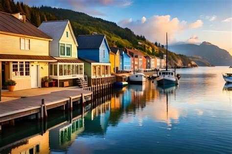 Premium Ai Image A Row Of Boats In Front Of A House With A Sunset Sky