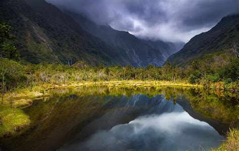 Nature Lake Mountain Landscape Clouds Grass Shrubs Reflection