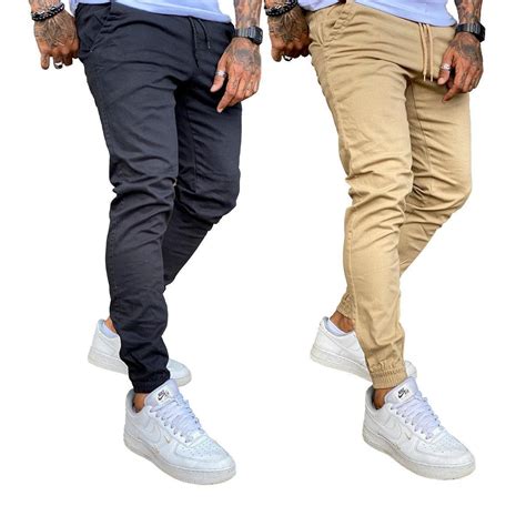 Kit 02 Calças Jogger Sarja Masculina Com Punho Elástico Escorrega O Preço