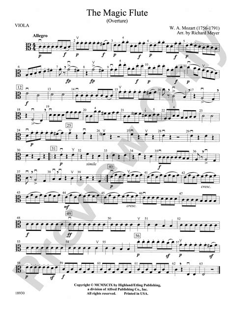 The Magic Flute Overture Viola Viola Part Digital Sheet Music