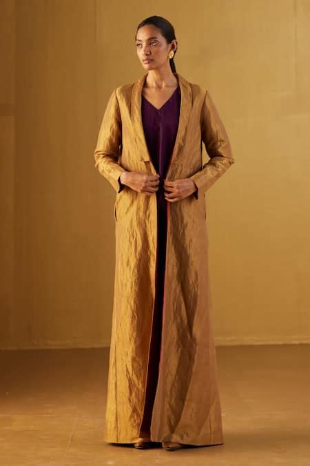 Buy Gold Handloom Tissue Plain Shawl Collar Afghan Jacket For Women By