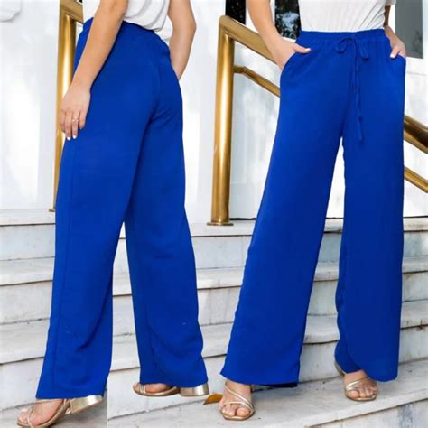 Calça Pantalona Feminina Bolso Cintura Alta Duna Shopee Brasil