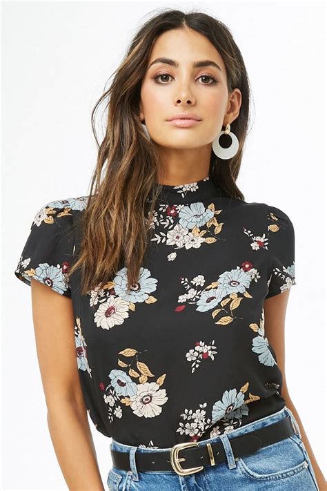 Floral Print Mock Neck Top Mock Neck Top Tops Weekend Wear