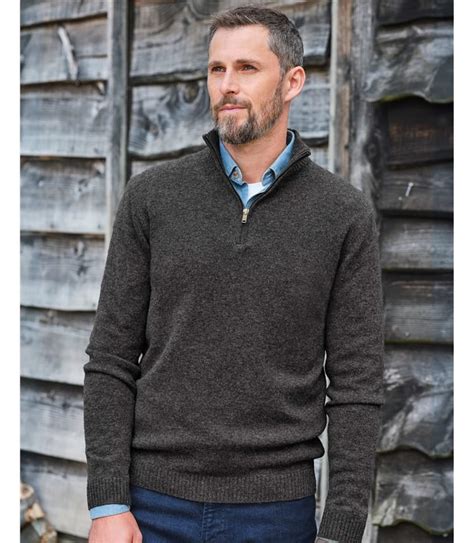 Charcoal Pure Lambswool Mens Lambswool Zip Neck Jumper