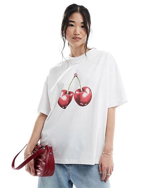 Asos Design Oversized T Shirt With Cherry Graphic In White Asos