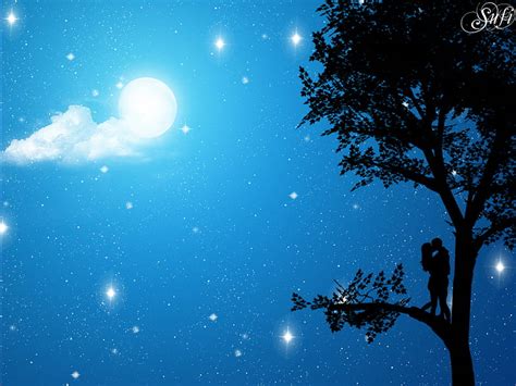 Romantic night, stars, tree, moon, people, love, sky, night, HD ...