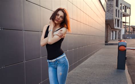 Wallpaper Women Model Brunette Outdoors Photography Jeans Tank Top Hands In Hair