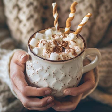 Cocoa Cup With Marshmallows Wafer Sticks Chocolate Drink In Hands