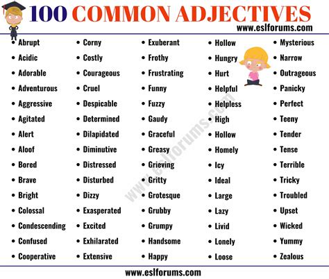 Printable List Of Common Adjectives