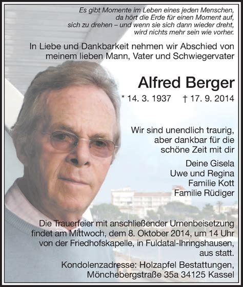 Traueranzeigen Von Alfred Berger Trauer Hna De