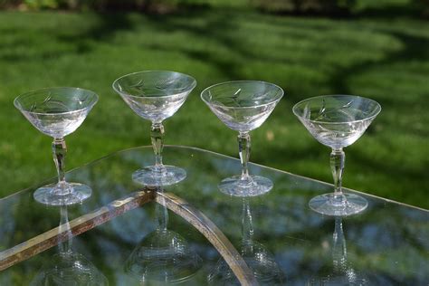 Vintage Etched Cocktail Martini Set Of 4 Tiffin Franciscan Circa 1950