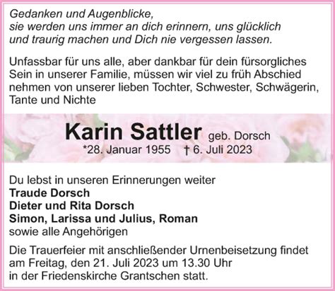 Traueranzeigen Von Karin Sattler Trauerundgedenken De