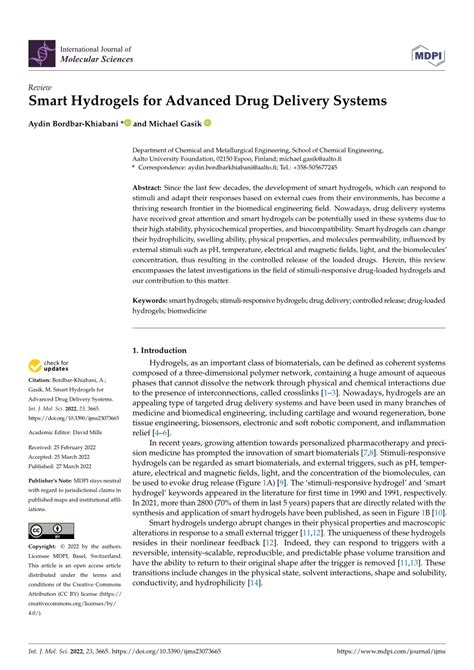 Pdf Smart Hydrogels For Advanced Drug Delivery Systems