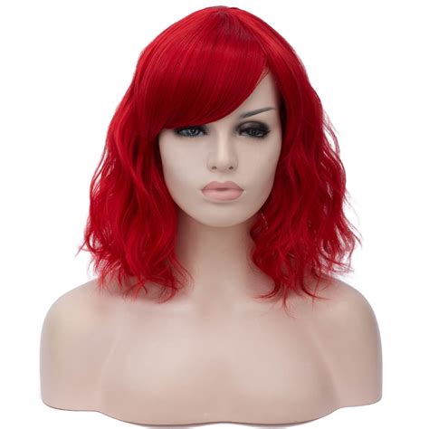 Beron Red Short Wigs Curly Wavy Women Wig With Side Part Bangs