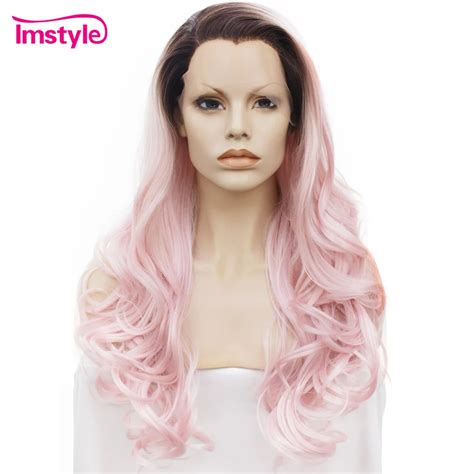 Imstyle Ombre Pink Wig Wavy Synthetic Lace Front Wigs Two Tone Wigs For Women Dark Root Natural