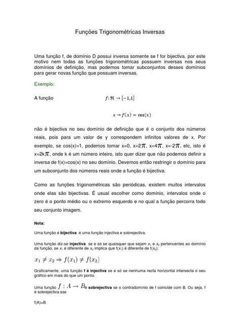 Funções Trigonométricas Inversas Pdf Domínio De Denominação De Uma Função Função Matemática