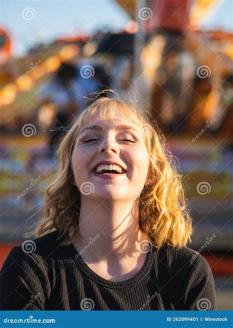 Happy Blonde Spanish Woman In The Amusement Park Stock Image Image Of Lady Outdoors