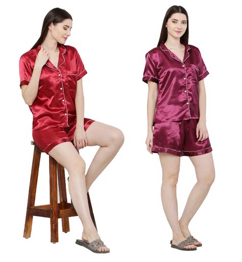 Combo Satin Solid Night Suits With Shorts Set For Girls And Womens At