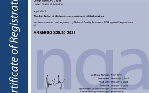 BWC ANSI ESD S20 20 2021 Certificate Blue Water Components