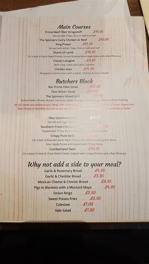 Menu At Spinners Arms Pub Bar Chorley Cowling Rd