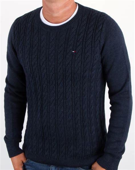 Tommy Hilfiger Cable Knit Jumper Navy Blue Crew Neck Sweater Top Mens