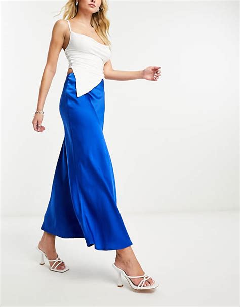 Naanaa Satin Bias Midi Skirt In Blue Asos