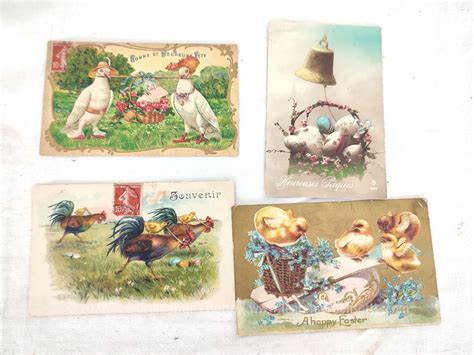 Lot de 4 cartes postales anciennes poussins Joyeuses Pâques Le