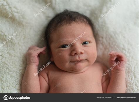 Cute Naked Newborn Baby Lies White Blanket Stock Photo By Chernobrovin