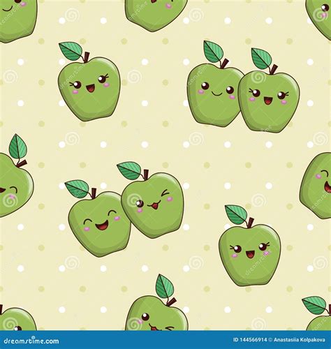 Smiling Cute Cartoon Kawaii Green Fruits Of Apple Seamless Vector